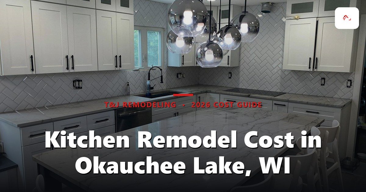 Kitchen Remodel Cost in Okauchee Lake, WI - A modern, finished kitchen with white cabinetry, marble countertops, herringbone tile backsplash, and a large