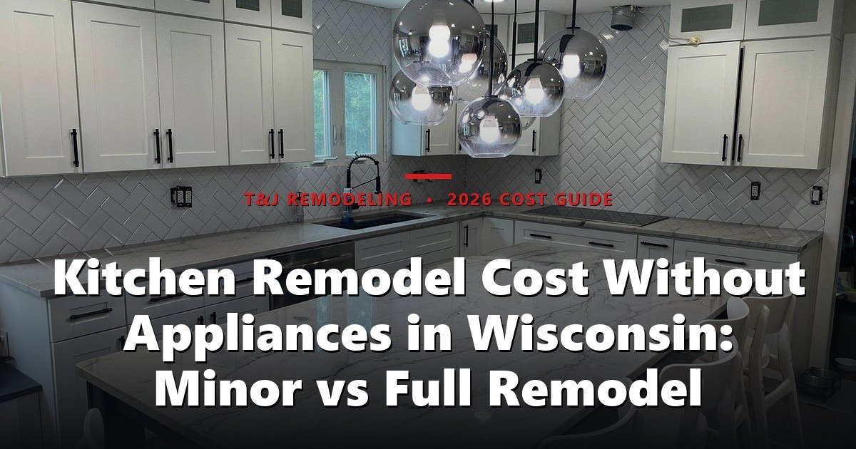Kitchen Remodel Cost Without Appliances in Wisconsin: Minor vs Full Remodel - A modern, finished kitchen with white cabinetry, marble countertops, herringbone