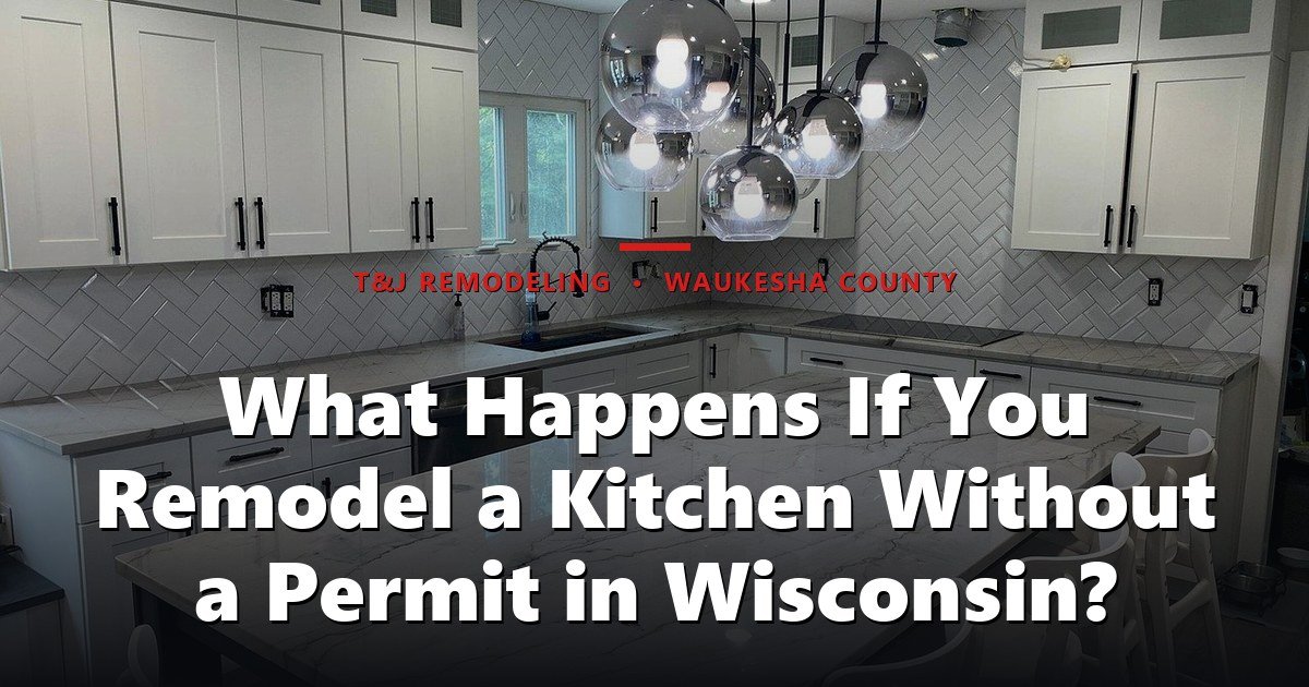 What Happens If You Remodel a Kitchen Without a Permit in Wisconsin? - A modern, finished kitchen with white cabinetry, marble countertops, herringbone tile