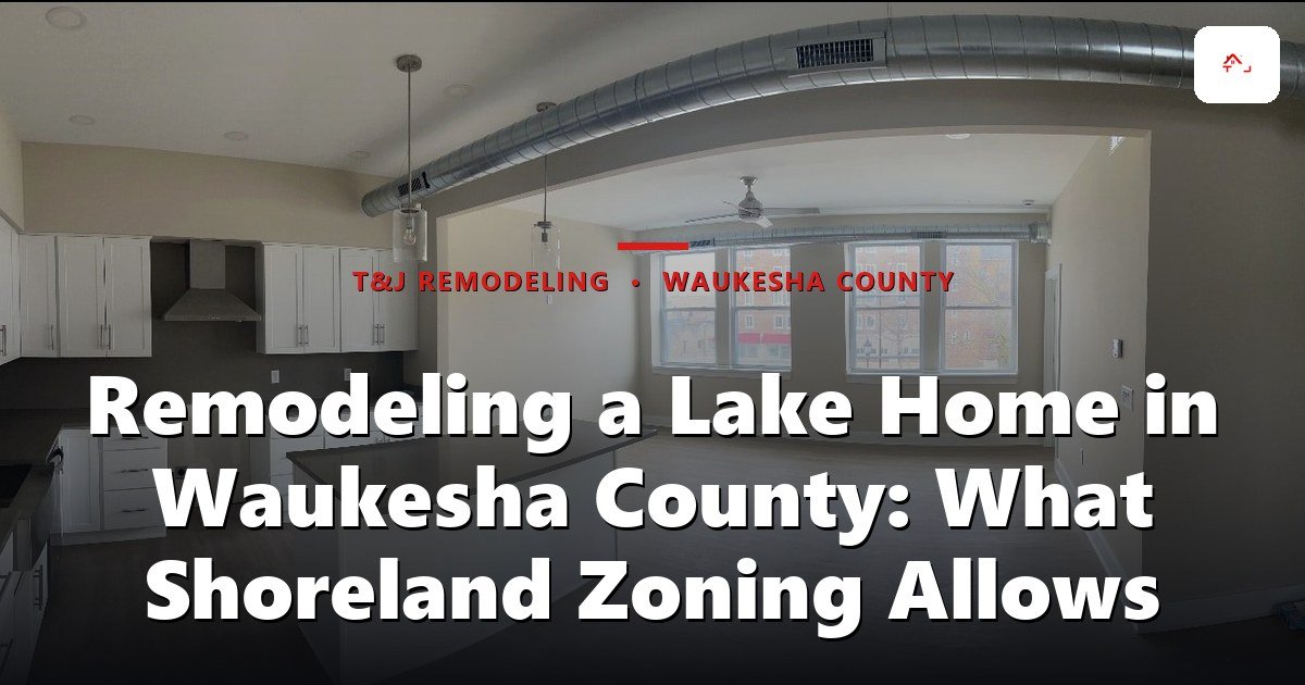 Remodeling a Lake Home in Waukesha County: What Shoreland Zoning Allows - Open-plan kitchen and living area with white cabinetry, island with dark countertop