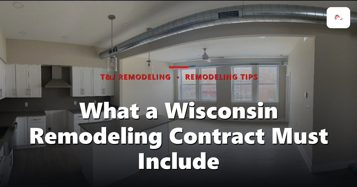 What a Wisconsin Remodeling Contract Must Include - Open-plan kitchen and living area with white cabinetry, island with dark countertop, exposed ductwork, and